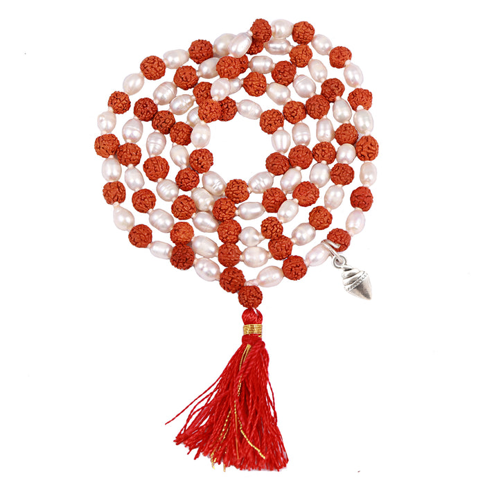 Rudraksha Pearl (Moti) Mala with Lucky Charm Shankh Pendant
