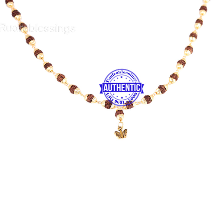 5 Mukhi Rudraksha Mala in gold plated caps with Butterfly Pendant