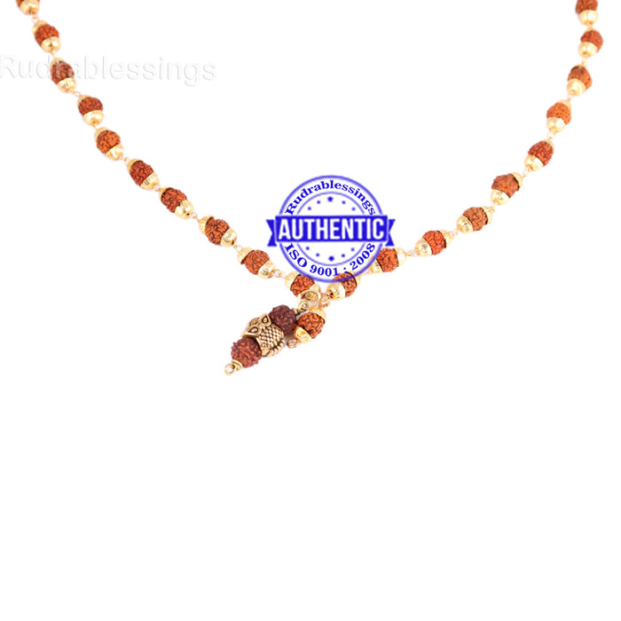 5 Mukhi Rudraksha Mala in gold plated caps with Owl Pendant