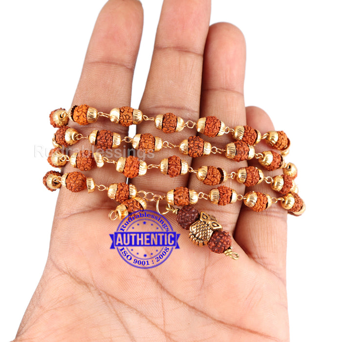 5 Mukhi Rudraksha Mala in gold plated caps with Owl Pendant