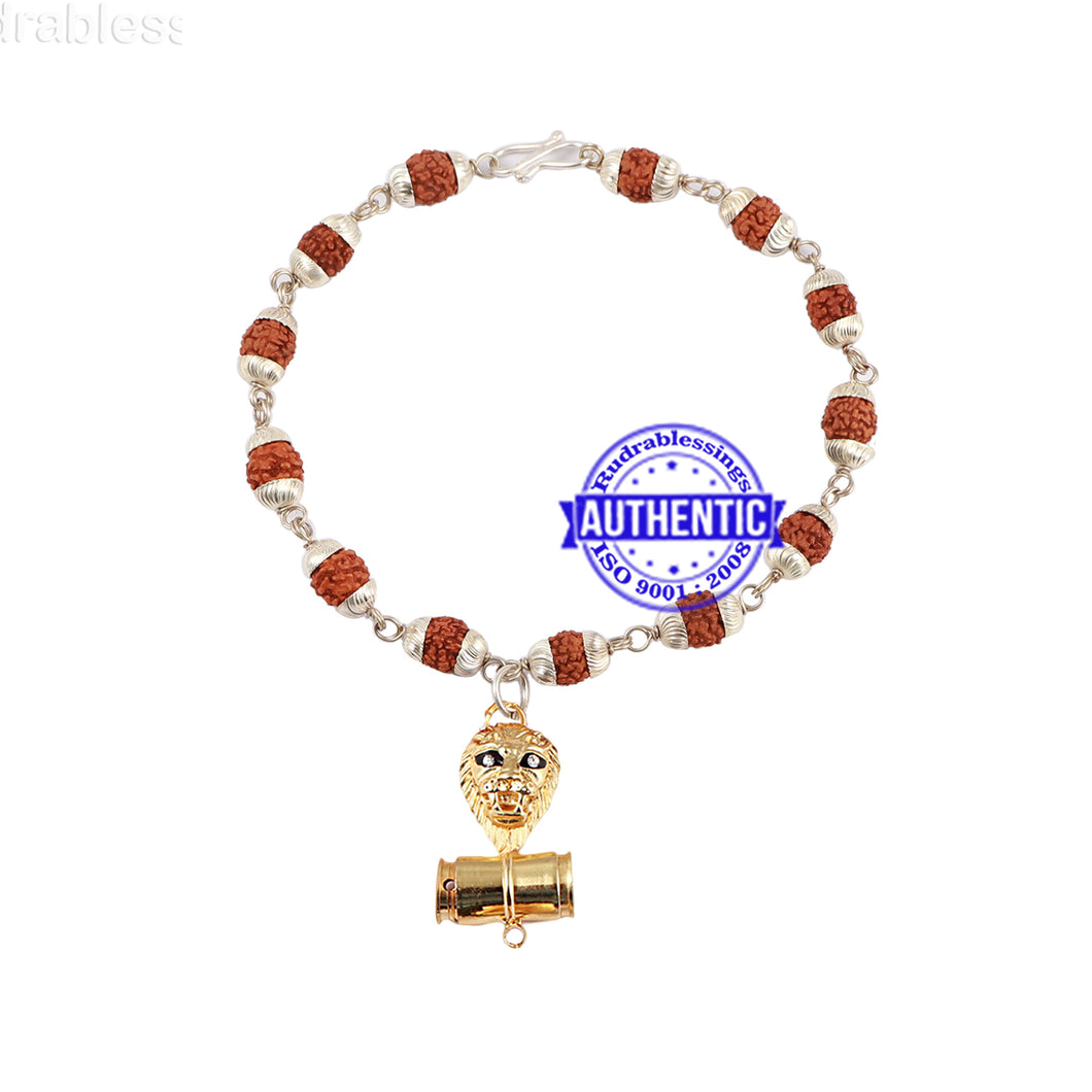 5 Mukhi Rudraksha Bracelet in silver plated caps with Lion Pendant