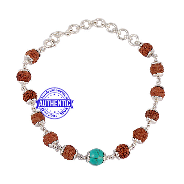 Turquoise Rudraksha Bracelet (Pure Silver)
