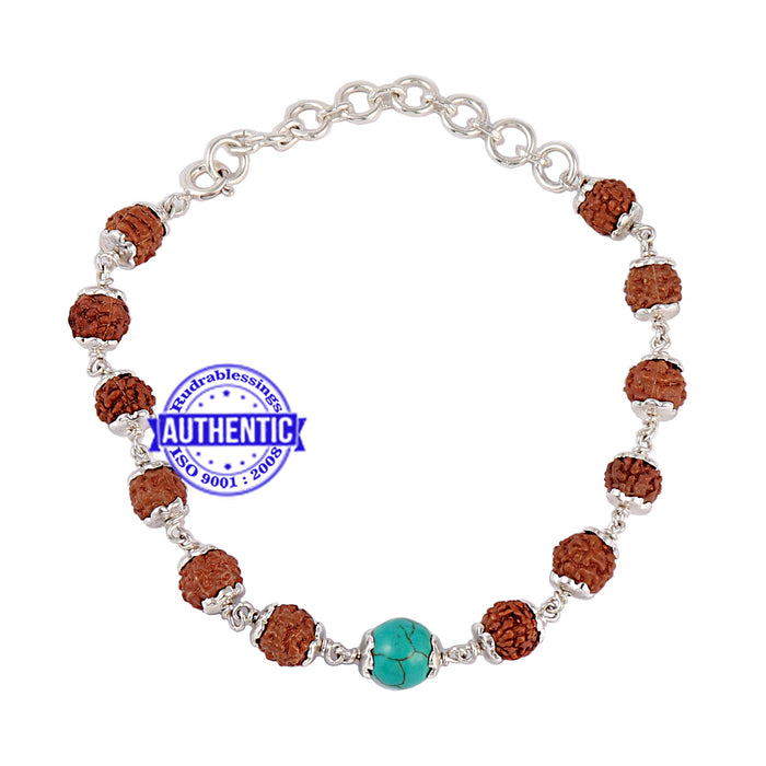 Turquoise Rudraksha Bracelet (Pure Silver)