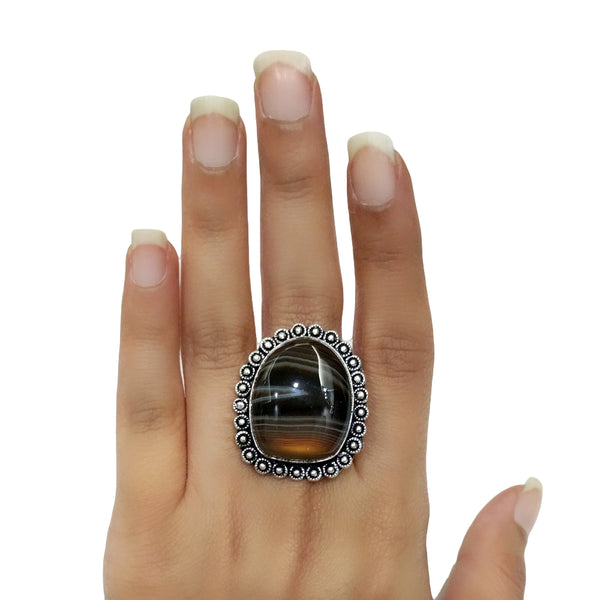 Banded Black Agate Ring - 44